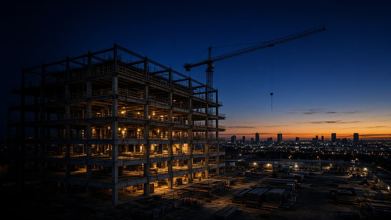 Edifício em construção ao entardecer